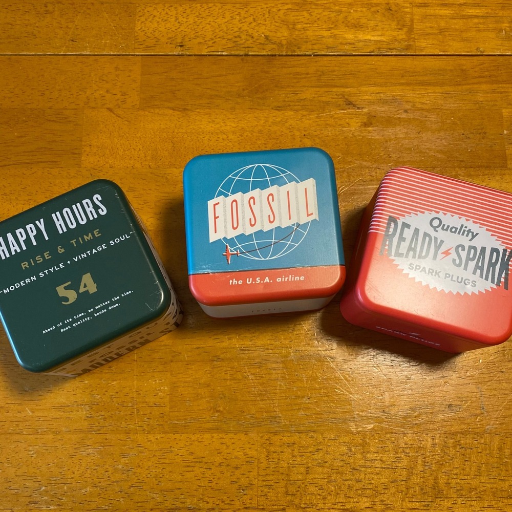 Fossil Watch Tins Set of 3 Multicolor Vintage Style Storage Cases Authentic